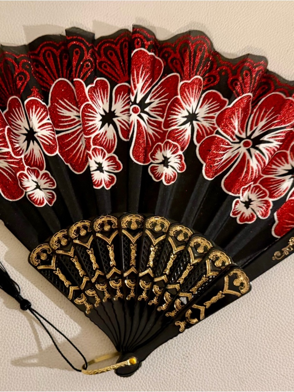Black Red Floral Folding Hand Fan Glitter Lace Tassel Dance Festival Flamenco - Picture 8 of 16